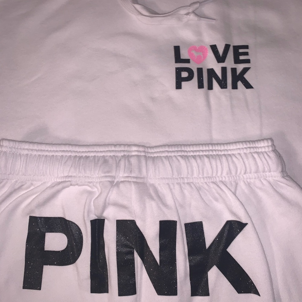 Victoria’s Secret Pink Originals White Pullover Hoodie Campus Sweats & Tee SET - Picture 4 of 7